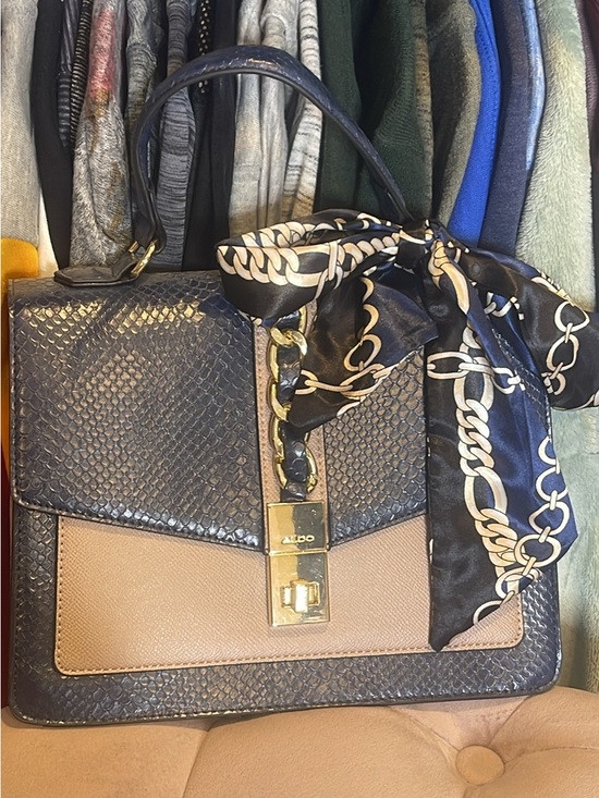 Aldo Handbags - ALDO Navy and Tan Top-Handle Satchel with Chain-Print Scarf